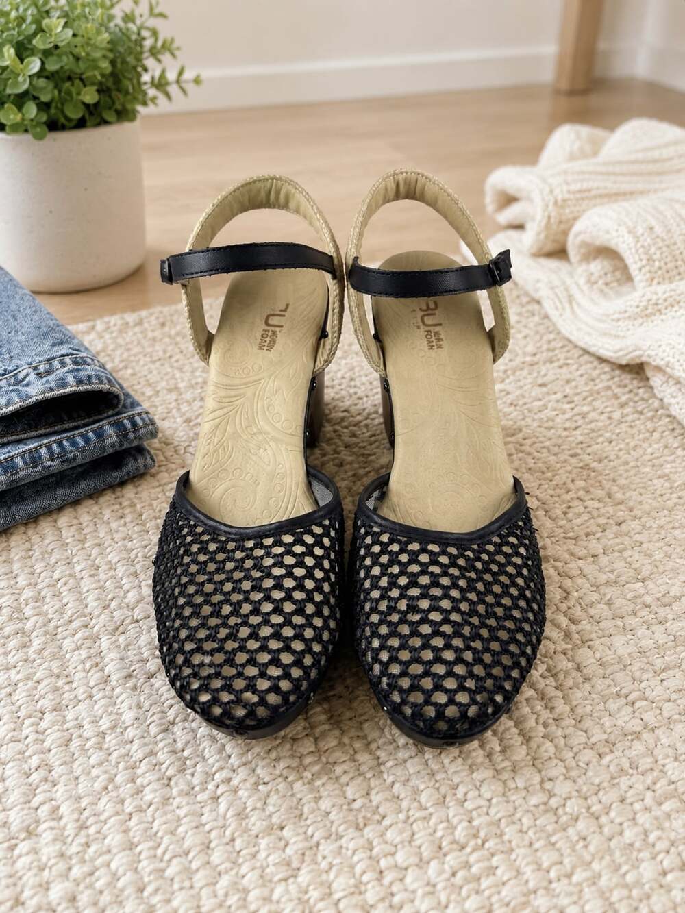 JBU by Jambu Celine Black Mesh Wedge Sandals Memory Foam Womens 9.5M